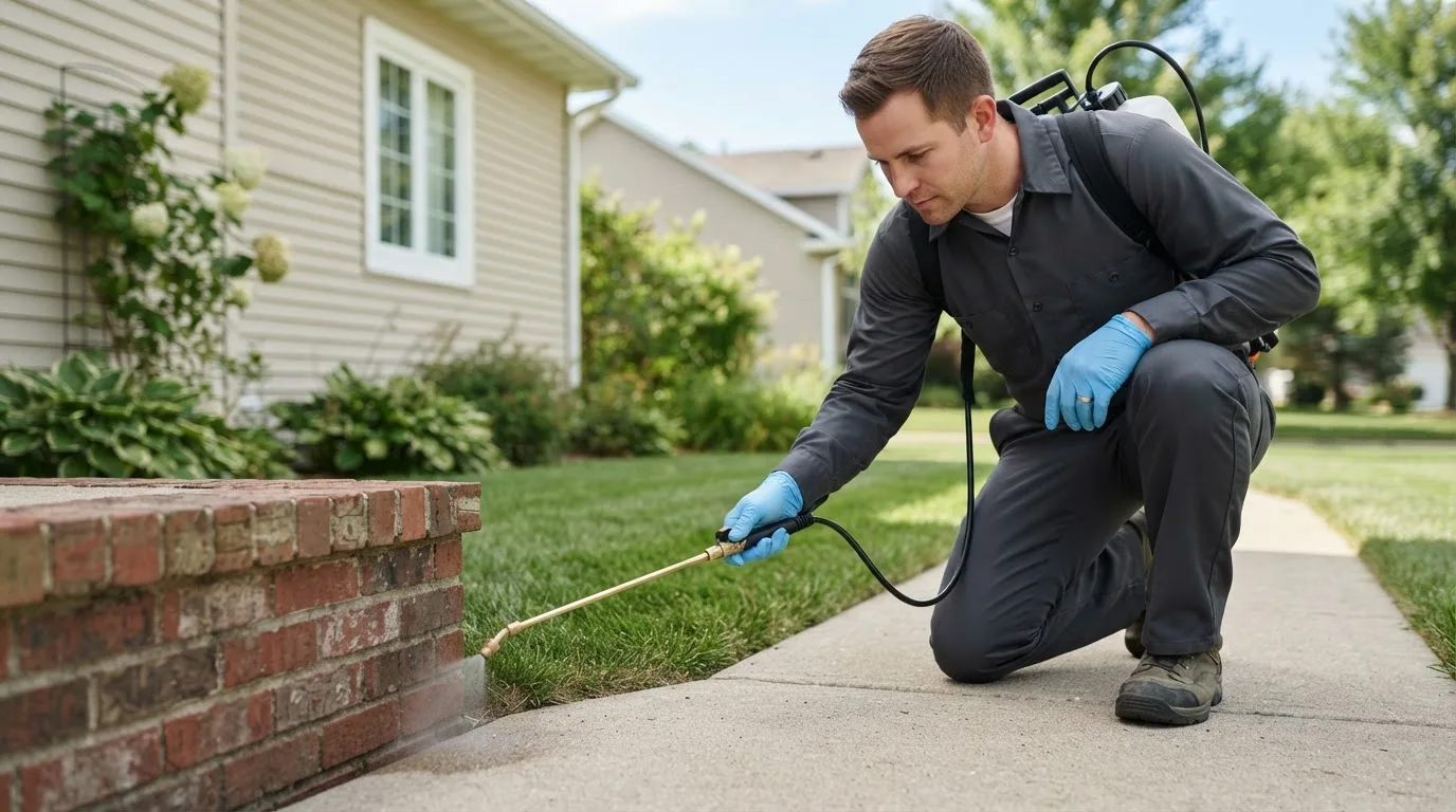 Pest control technician treating a home near Avon, MT